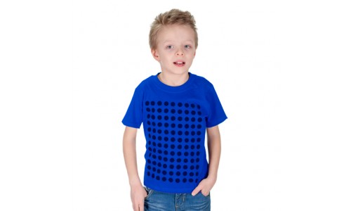 Tmavo modré detské tričko pokryté guličkami zo suchého zipsu